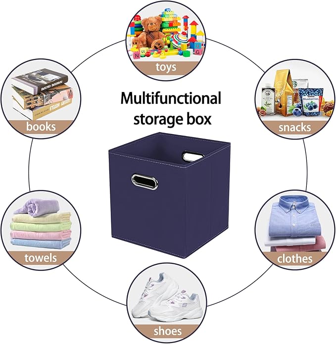 Fabric Cloth Storage Bins,Fabric Cube Bins Organizer with Dual Handles Foldable Cube Storage Baskets for Home Bedroom Storage,Set of 6,(Navy Blue)