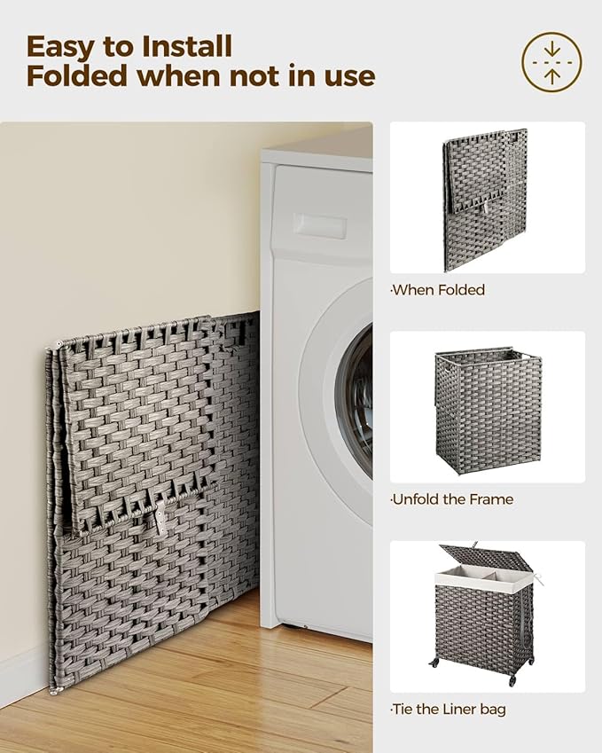 Greenstell Laundry Hamper with Wheels, No Install Needed, 110L Divided Handwoven Hampers & 2 Removable Liner Bags, Rattan Clothes Laundry Basket with Lid & Handles, Foldable Hampers Gray 22x13x26.4 In