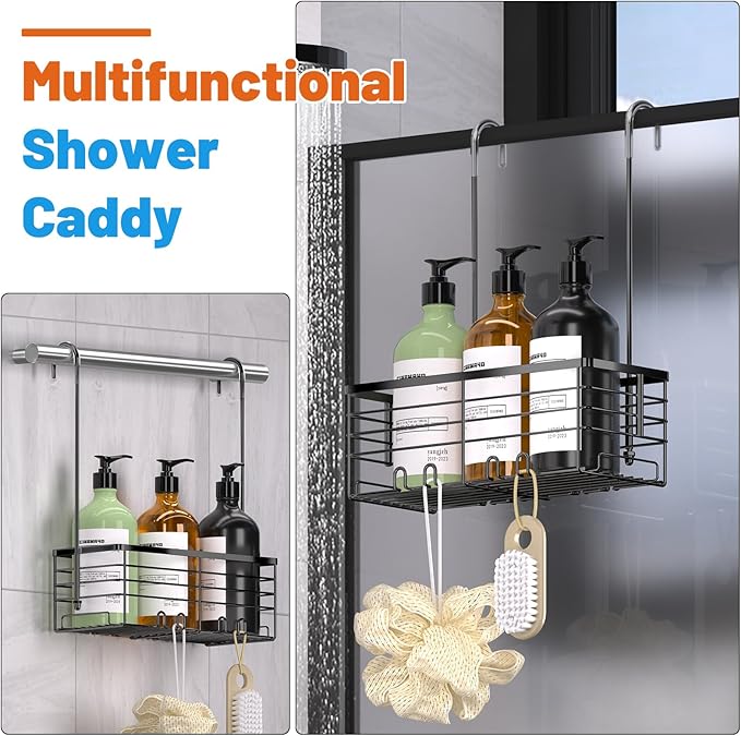 YUOROS Hanging Shower Caddy, Over the Door Shower Organizer Rack 304 Stainless Steel Rustproof Bathroom Storage Shampoo Holder Basket (Black)