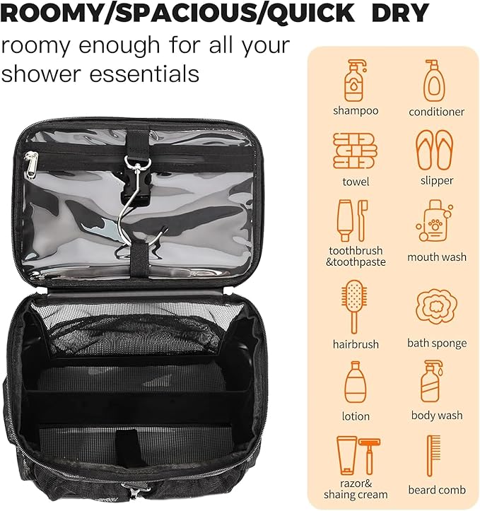 Mesh Shower Caddy Portable for College Dorm Room Essentials – Quick Dry Hanging Shower Bag with Metal Hook for Bathroom, Gym, Travel, Beach & Camping (style A)