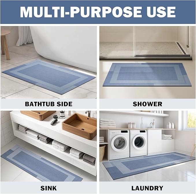 YDKGL Non Slip Bath Mat, Rubber Backing Ultra Thin Bathroom Rugs Fit Under Door Quick Dry Super Absorbent Washable Bath Rug Shower Mat for Bathroom Floor Bathtub Shower Sink, Easy Care Blue 16"x 24"