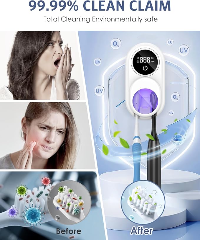 Temracha Toothbrush Sanitizer Holder, Upgraded UV Toothbrush Holder with Dual-Mode Clean & Air Dry, LED Smart Screen, Auto-Inductive Cover, Toothbrush Wall Mounted Cleaner Organizer for Bathroom, Trip