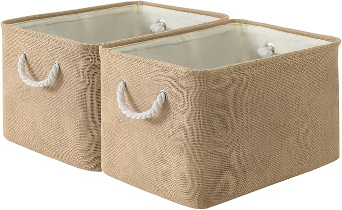 Sacyic Organization and Storage Basket for Organizing - 17X15X12 inch 2 Pack Collapsible Baskets for Shelves, Fabric Storage Cubes with Rope, Storage Box for Cloth Decorative Gift (Beige)