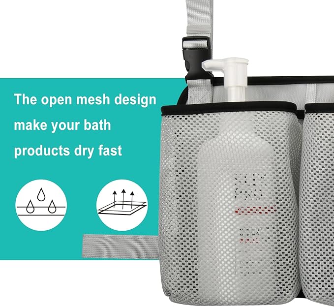 Beautyflier Removable Hanging Bag for Shower Chair, Commode Chair Side Storage Bag, Armrest Chair Side Organizer, 3 Storage Pockets for Shampoo, Shower Gel, Facial Cleanser, Bag Only (Gray)