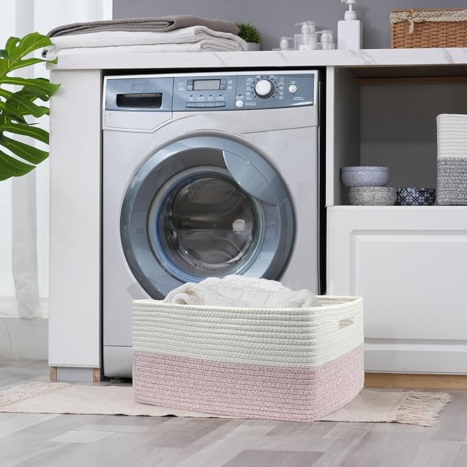 COMFY-HOMI 2 pcs Large Storage Baskets for Shelves, Laundry Basket, Woven Rope Basket, Closet Organizer Bins for Clothes Blanket Towels, Baby Nursery, Gift Toy Baskets, 17” x 13” x 7.5”-White/Pink