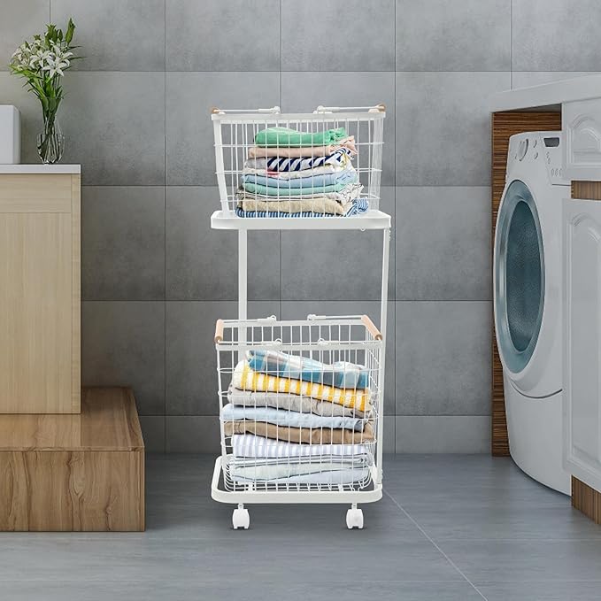Laundry Basket with Wheels, 2 Tier Removable Wire Laundry Cart, Vertical Laundry Sorter, Rolling Hamper Dirty Clothes Hamper Organizer for Laundry Room, Bathroom, Bedroom, School (White)