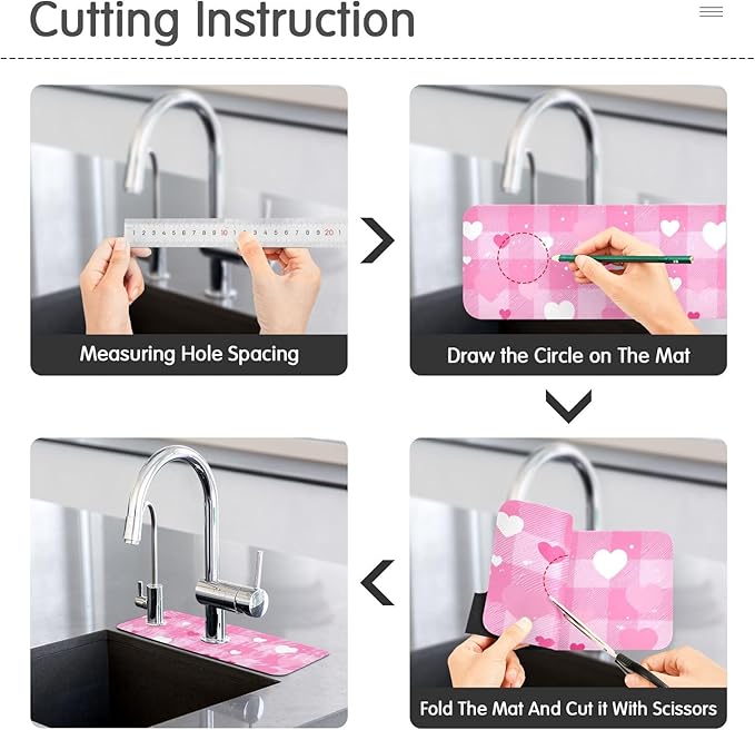 Kitchen Sink Splash Guard 1 PC 14.7 Inch Sink Faucet Mat Splash Guard for Bathroom Countertop Water Absorbent Foldable Cuttable Soft Washable Plaid Checkered Pink White Hearts Dots