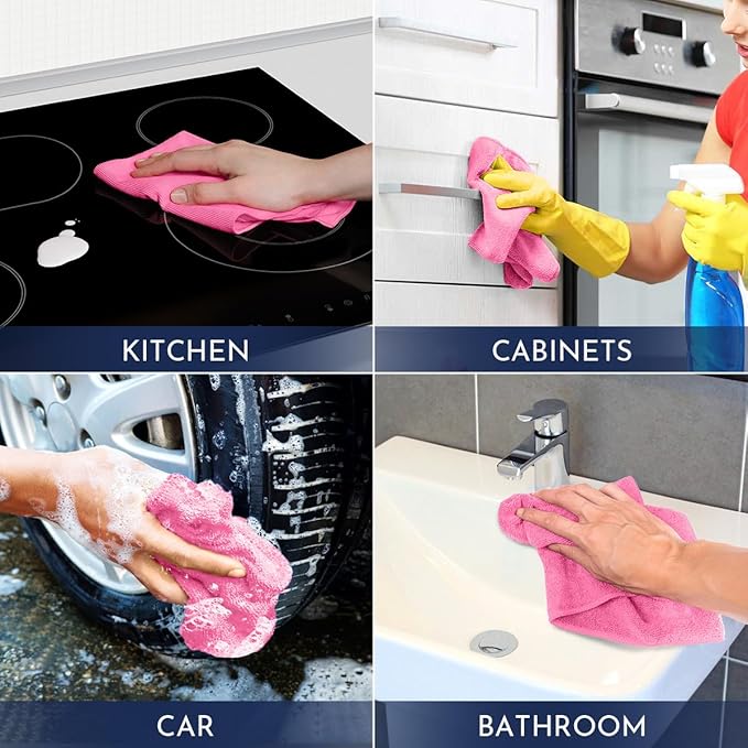 GLIMGLINT Pink Microfiber Cleaning Cloth,12PK Reusable Cleaning Rags, Highly Absorbent Shop Rags Bulk, All-Purpose Car Cleaning Towels for TV Screen, Kitchen, Bathroom, Restaurant Garage, 14"X12"