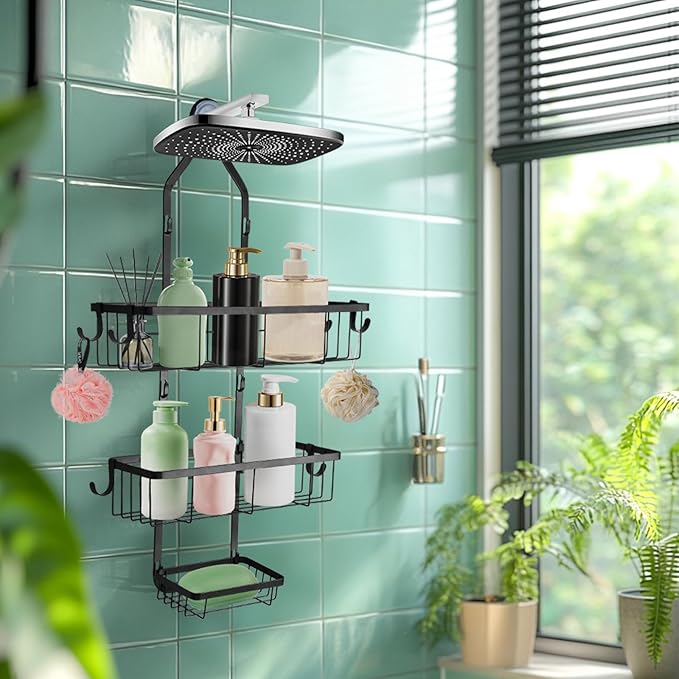 Bathroom Shower Caddy Hanging, Rustproof Waterproof Shower Organizer Shelf, No Drilling Storage Rack with 6 Hooks for Towels Sponge Shampoo Soap, Black