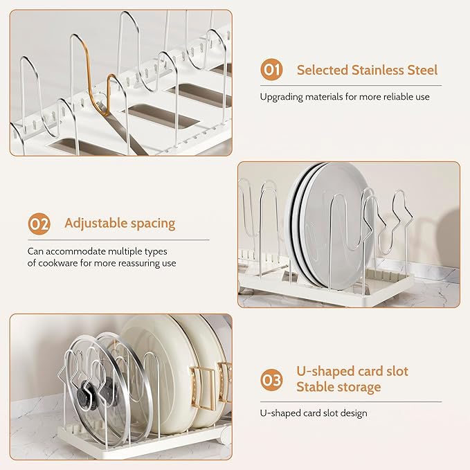 CEHNCEH Pots and Pans Organizer under Cabinet for Cabinet and Countertop Longest 28.5 in Foldable Adjustable 8-Tier Pan Organizer Rack Perfect to Store Pots, Kitchen Cabinet Organizer (White)