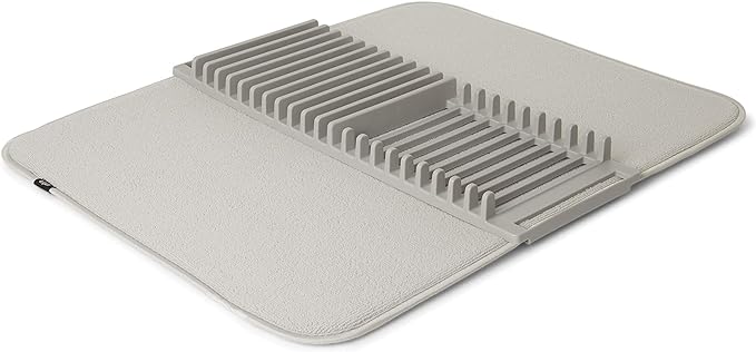 Umbra UDRY Rack and Microfiber Dish Drying Mat-Space-Saving Lightweight Design Folds Up for Easy Storage, Large, Light Grey