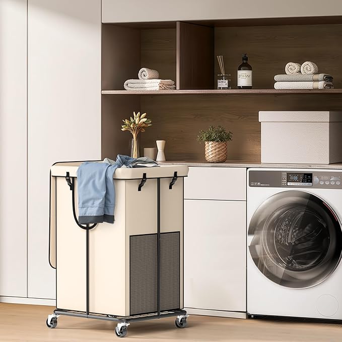 Large Laundry Hampers with Lid, Oxford Fabric Laundry Hampers, Metal Frame and Removable Bag Design with Wheels, Suitable for Bedroom, Bathroom, Dorm Room, Laundry Room (White with Lid)