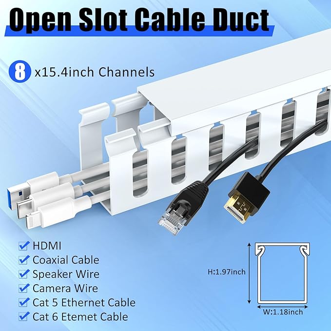 Open Slot Wiring Raceway Cable Duct, 123in Cable Management Channel Cord Track,Desk Wire Channel, Under Desk Cable Management to Hide Cables, Wires for Computers (White, 1.18" Hx1.57"W, 15.4''L(8 Pc))