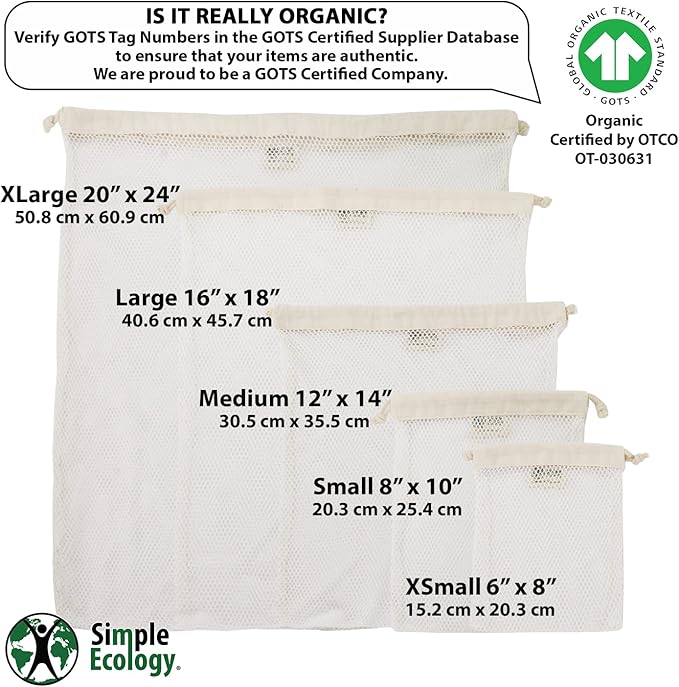 Simple Ecology Organic Cotton Mesh Laundry Bag; Machine Washing Bags for Delicates, Lingerie and Garments, Set of 3 (S, M, L)