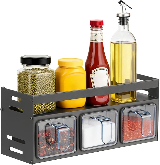 Kitchen Spice Rack, Kitchen Organizer and Storage Rack with 3 Spoons, Spice Organization for Cabinets Punch-free Wall/Countertop Home Decor Multifunctional Double Layer 3 Grid Condiment Rack, Gray