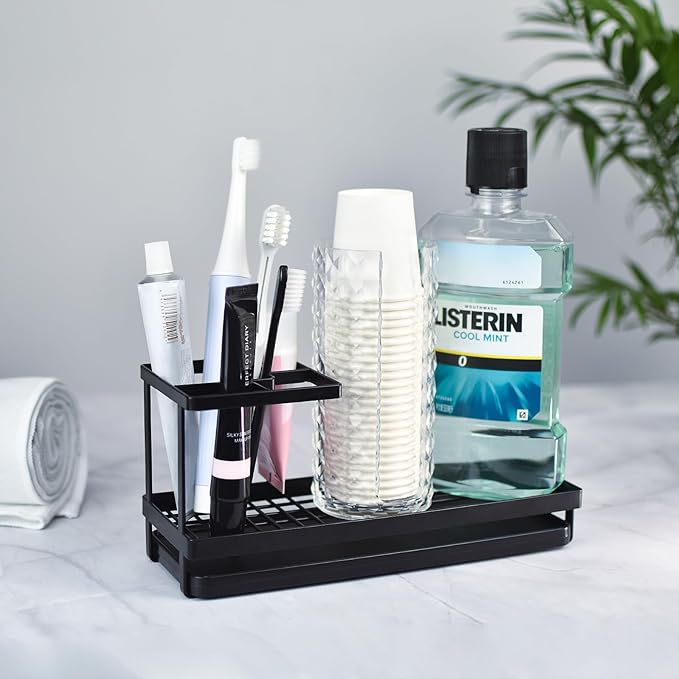 MYITYARD Toothbrush Holders for Bathrooms, 4 Slots Rustproof Metal Tooth Brushing Organizer with Drainage, Electric Tooth Brush Toothpaste Holder for Bathroom Countertop, Black