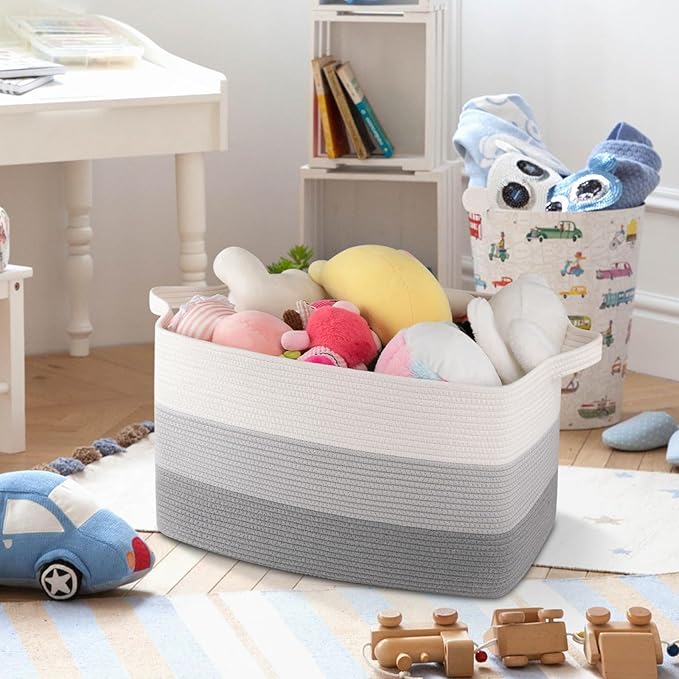 OIAHOMY Large Storage Basket, Cotton Rope Woven Blanket Basket, Toy Bin for Baby Room, Container for Blanket Storage in Living Room, 20''×16''×12'', Gradient Grey