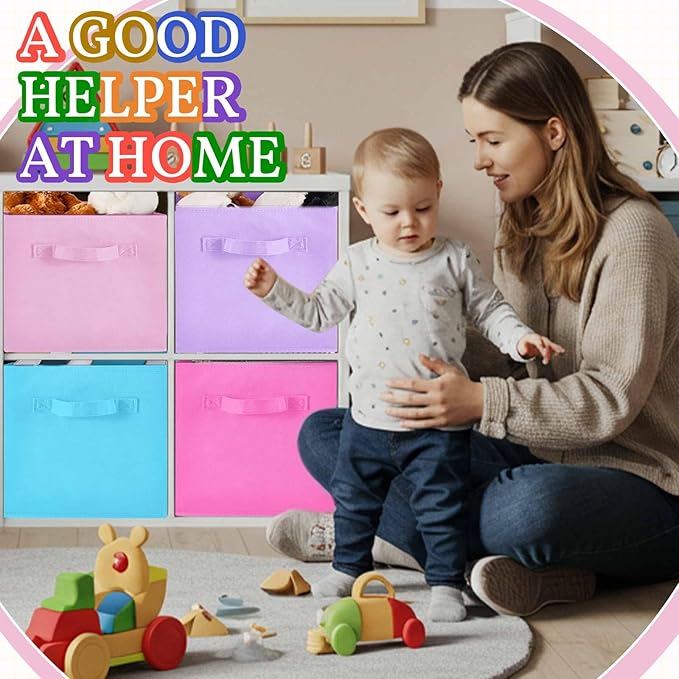 Yinder 4 Pcs Cube Storage Bin Pink 11'' Storage Bins for Playroom Decor Colorful Bins for Kids Purple Foldable Baskets for Nursery Organizer Boxes Fabric Boxes