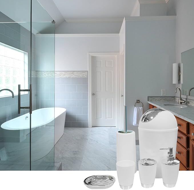Bathroom Accessories Set, 6-Piece Plastic Gift Set, Toothbrush Holder, Toothbrush Cup, Soap Dispenser, Soap Dish, Toilet Brush Holder, Trash Can (White)