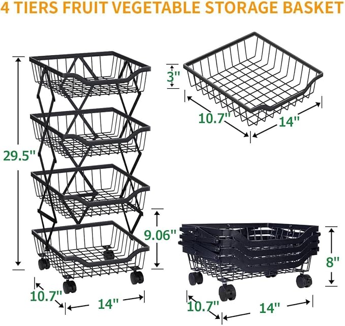Fruit Basket for Kitchen 4 Tier Stackable Fruit Vegetable Storage Baskets with Wheels Metal Wire Storage Basket Organizer Cart for Kitchen Livingroom Diningroom Office, Black