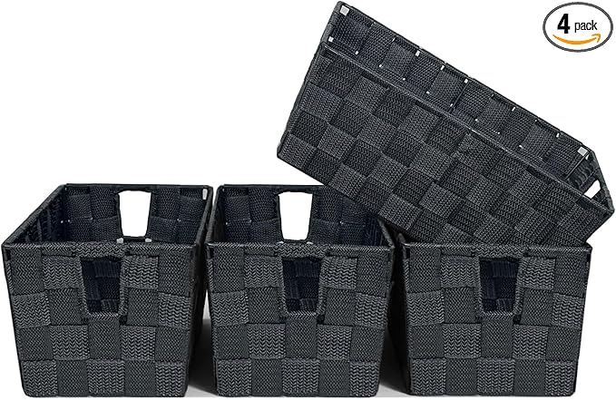 homyfort Storage Baskets for Organizing, Woven Organizer Baskets for Shelves, Small Strap Shelf Baskets for Bathroom Storage, Grey, Set of 4