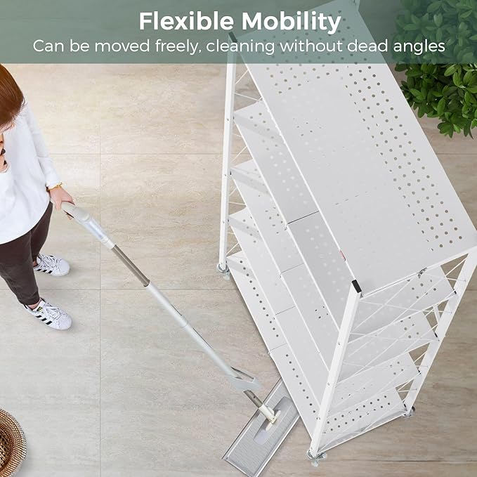 DEANIC 5 Tier Foldable Storage Shelves with Wheels, Large Capacity Shelving Unit, Freestanding Metal Wire Shelf Rack, No Assembly Organizer Rack for Garage Kitchen, Basement, Pantry(White Pack of 2)