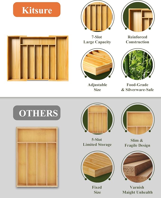 Kitsure Large Bamboo Silverware Organizer - Expandable Drawer Organizer for Utensil, Cutlery and Flatware, Kitchen Storage Solution with 6 to 8 Slots, Natural, 19.4" × 13.1" × 1.8"