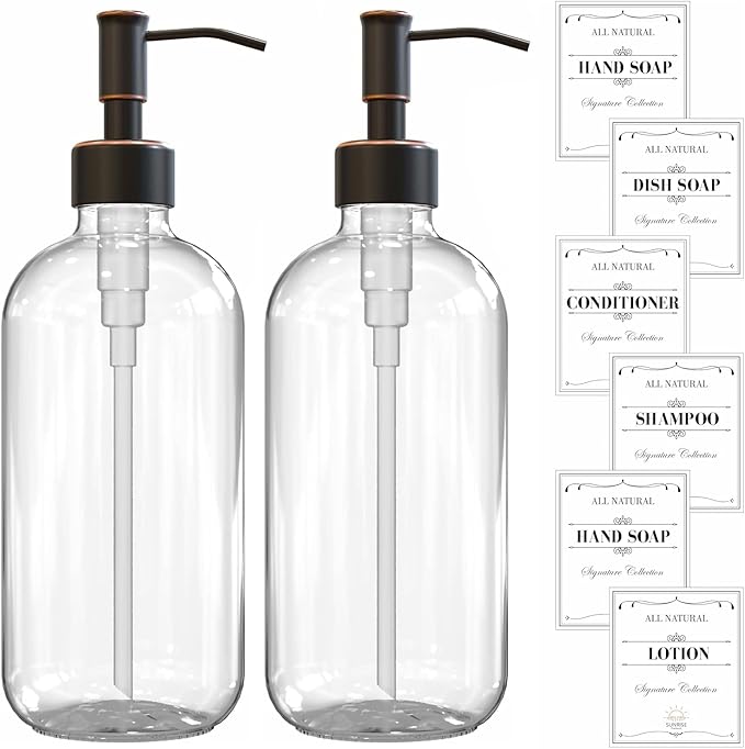 2 Pack Clear Glass Soap Dispenser 16 OZ with Oil Rubbed Bronze Stainless Steel Pump, Hand and Dish Soap Dispenser Set for Bathroom and Kitchen Sink with 6 Waterproof Labels
