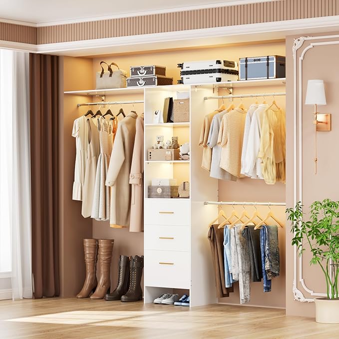 Walk in Closet Organizer System - with 3 Extendable Hanging Rods, Built-in Garment Rack with 6 Shelves, Wall Mounted Clothes Organizers Storage Systems for Bedroom