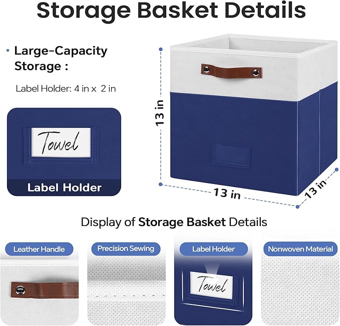 6-Pack Storage Cubes with Handles & Label Holders Basket, Closet Cube Home Organizer Bins(White/Blue, 13 x 13 x 13 inch)