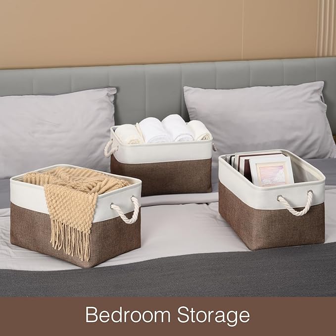 DUHEL Storage Baskets for Organizing,Fabric Storage Baskets for Shelves,Closet Organizers and Storage Basket with Handle,Storage Bins Used for Baby Laundry Basket、Nursery Storage.(White&Brown-3PCS)