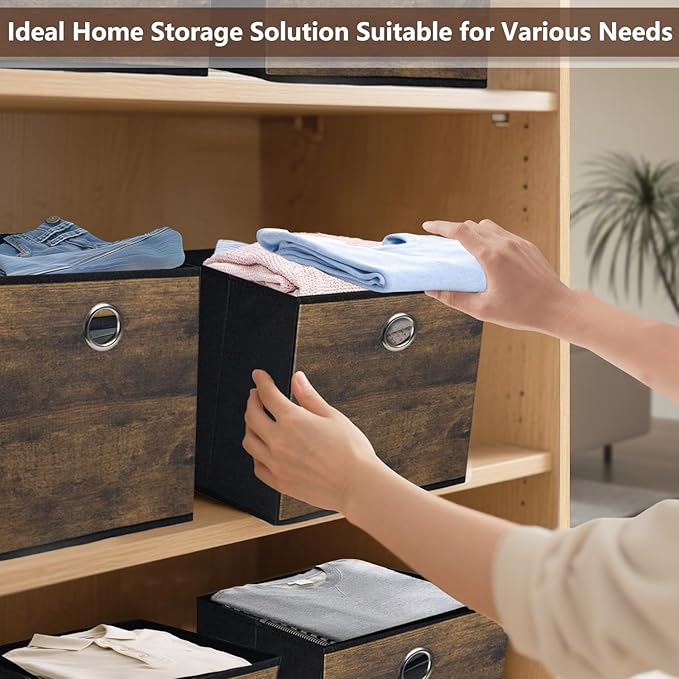 Thickened Fabric Storage Bins with Wood Grain,Foldable Storage Cubes Decorative Boxes,Sturdy Cube Organizer Basket for Shelves,Closet,Home,Office, Nursery,Dorm,Brown with Black,3 Pack (10.2x10.2x11in)