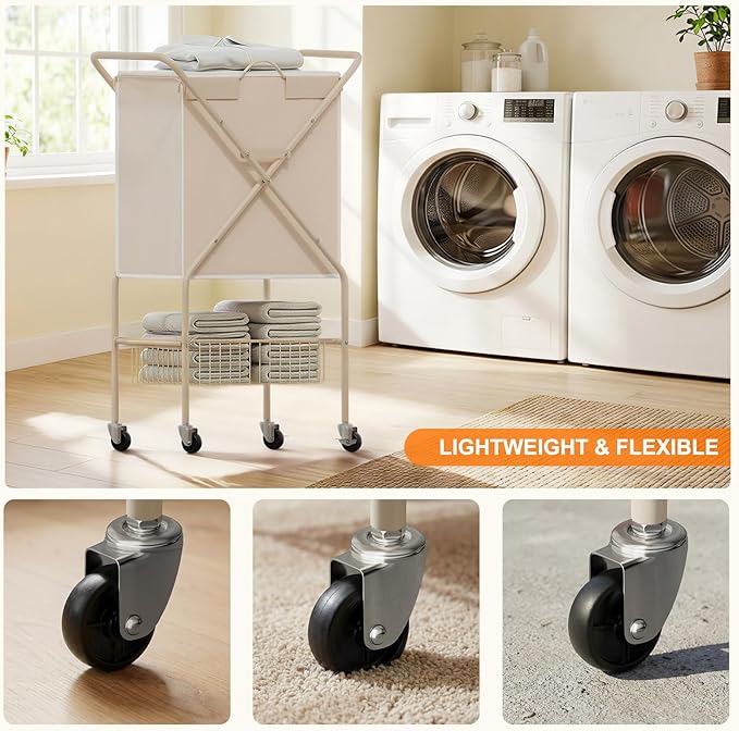 Laundry Basket with Wheels:88L Rolling Laundry Cart Foldable Metal Frame Dirty Clothes Laundry Hamper 36"H 4 Caster 2 Brake Waterproof Removable Liner Carry Handle for Dorm Laundry Room,Cream