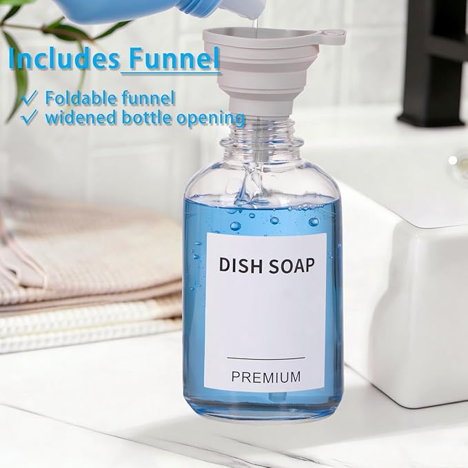 12oz Dish Soap Dispenser for Kitchen, Hand Glass Soap Dispenser Set with Pump, Tray, Funnel for Bathroom, Shower, Laundry, Liquid, Lotion (Gold 2 Pack Clear Bottles with 12 Stickers)