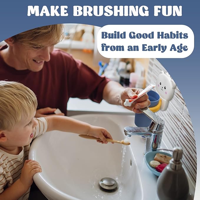 Cute Kids Toothbrush Holder with Cup & Toothpaste Wall Mounted, Adhesive Bathroom Organizer - Kids Bathroom Decor Accessories, Animal Toothbrush Holders for Kids - Polar Bear