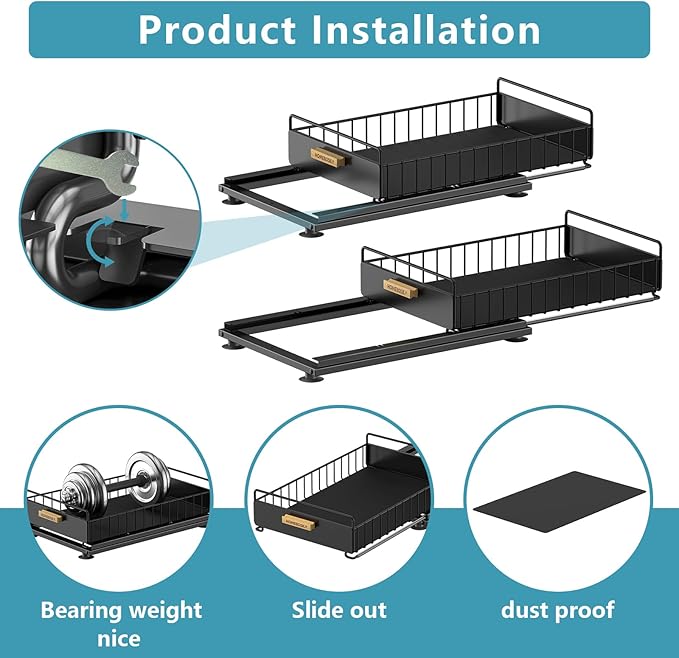 Under Sink Organizer, 2 Pack Pull Out Kitchen Cabinet Organizer, Mute Slide-Out Under Sink Organizers and Storage, Metal Kitchen Bathroom Organizers and Storage Shelves, Black