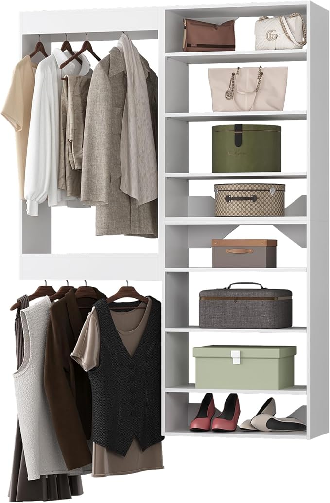 Modular Closet System, 40" Wide Closet Organizer System with Towers and Hanging, Wood Closet Tower Storage for Walk In Closets, Wall Mounted Wardrobe Organizer Kit System, Bedroom, White