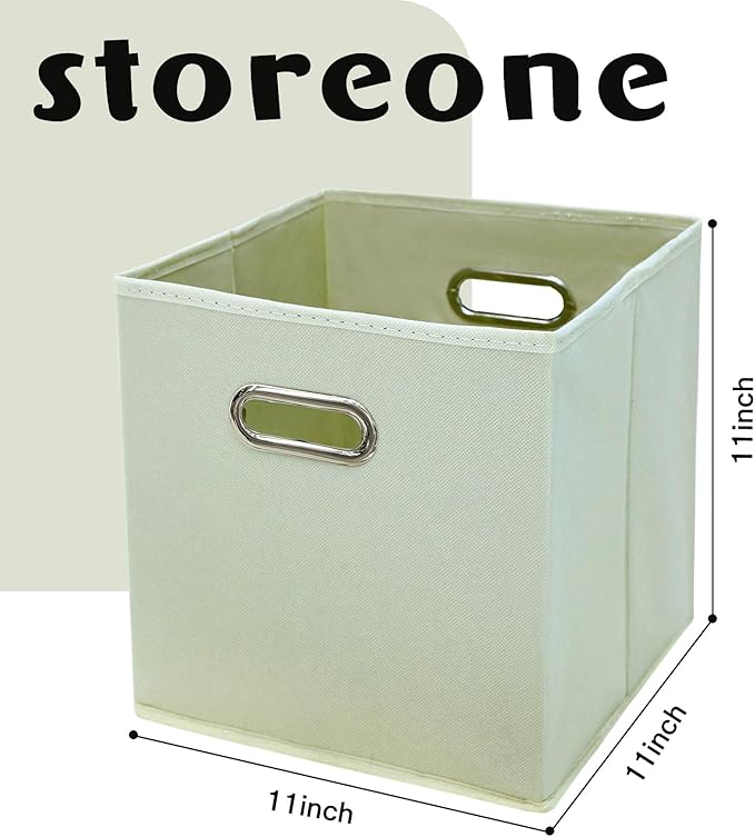 STOREONE Fabric Storage Bins Cubes Baskets Containers-(11X11X11) with Dual Handles Cube Storage Organizer Bins for Shelf Closet, Bedroom Organizers, Foldable Set of 6 (Creamy- White )