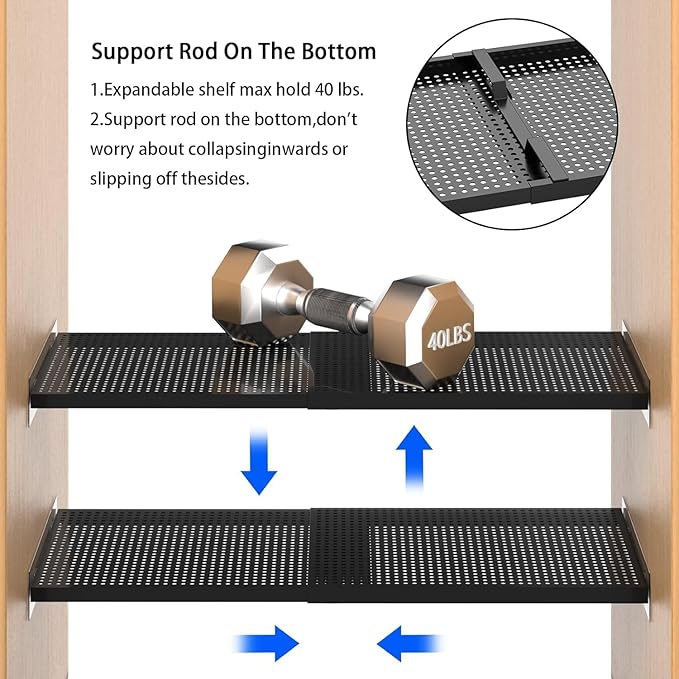 Adjustable Closet Shelves Organizers, Expandable for Cabinet Rack Storage Wardrobe Tension Shelving for Pantry Cupboard Kitchen (2 Perforated, W:7.87" x L: 17" to 31")