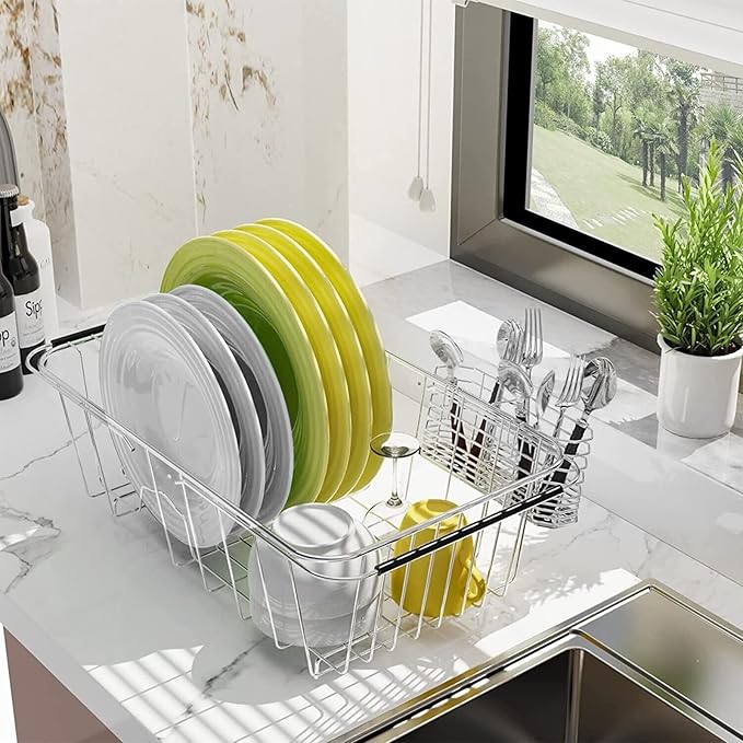 Sink Dish Drainer Rack, Expandable 304 Stainless Steel Dish Drying Rack Organizer with Stainless Steel Utensil Rack, Adjustable 15.35" to 20.47" Inside The Sink (up to 13 Upright Utensils).