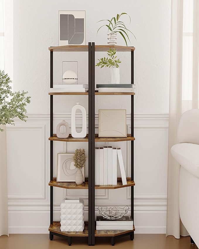 Corner Shelf Stand, Corner Bookshelf, Storage Standing Shelf Unit with Metal Frame, Plant Stand, Bookcase for Living Room, Home Office, Bedroom, 5-Tier Rustic Brown CS05901B