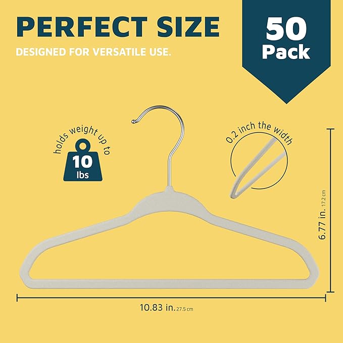 Ivory Velvet Kids Hangers 50 Pack, 10.83" Non-Slip Baby & Toddler Hangers for Clothes, Space-Saving Slim ABS Plastic with 360° Swivel Hook & Notched Shoulders, Up to 10 lb Capacity