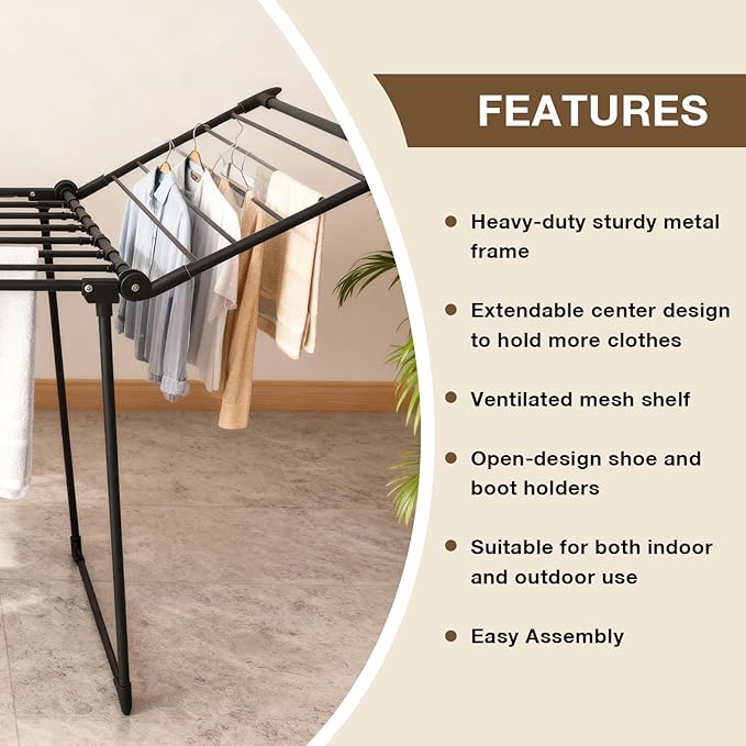 YUBELLES Expandable Clothes Drying Rack, Gullwing Laundry Drying Rack, Space-Saving, Towels, Linens, Indoor, Outdoor Black