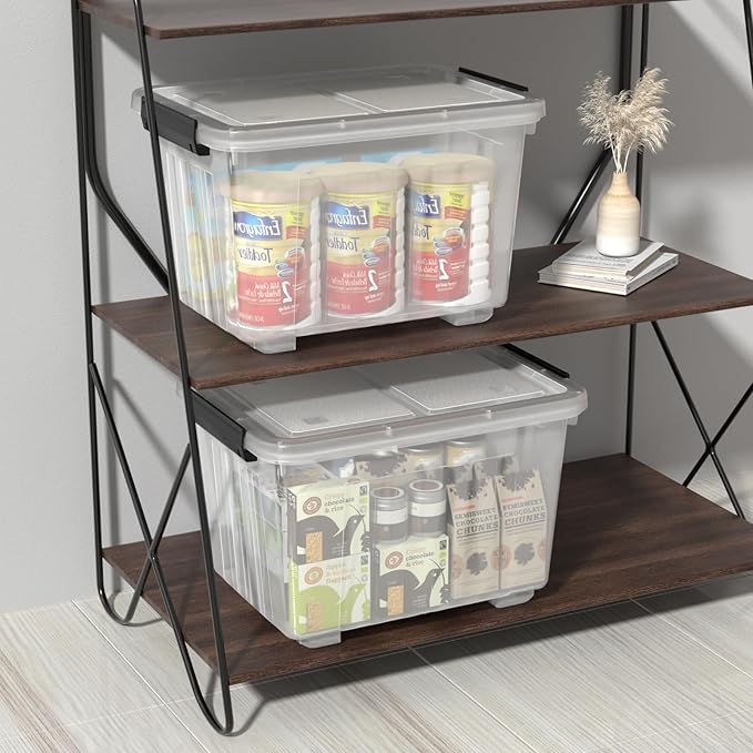 Ggbin 30 Quart Clear Latching Container Bin with Wheels, Plastic Lidded Storage Bins Set of 4