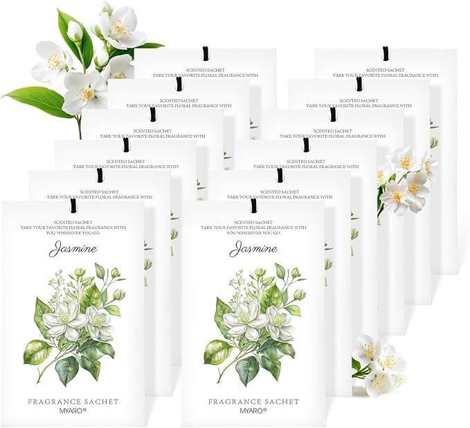 MYARO 12 Pack Jasmine Scented Sachets for Drawer, Closet & Small Spaces Air Freshener Bags, Odor Eliminator for Car, Shoes, Gym Bag Home Fragrance Gift Set
