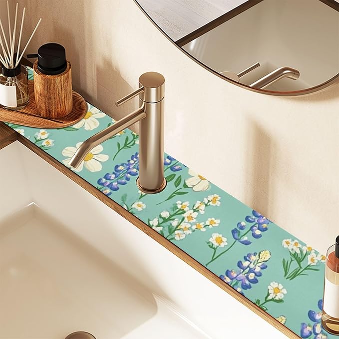 Kitchen Sink Splash Guard 1 PC 14.7 Inch Sink Faucet Mat Splash Guard for Bathroom Countertop Water Absorbent Foldable Cuttable Soft Washable Cute Green Bluebonnet and Daisies