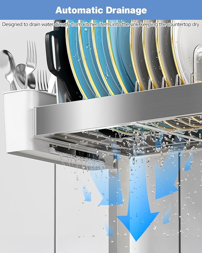 2 Tier Extra Large Over The Sink Dish Drying Rack, Expandable Stainless Steel Dish Drainer with Multifunctional Organizer, Space-Saving Above Sink Dish Rack with Large Capacity for Kitchen Counter