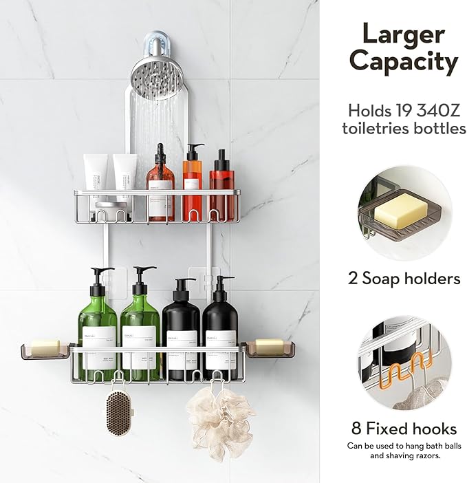 VALORDINE Shower Caddy Hanging, Shower Organizer Hanging, Aluminum Shower Racks for Inside Shower with Hooks for Razor, Never Rust Bathroom Organizers and Storage with Soap Holder, Bright Silver
