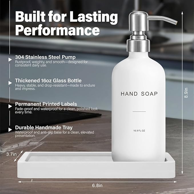 White Soap Dispenser for Kitchen Sink, Dish and Hand Soap Dispenser with Silver Stainless Steel Pump, Perfect for Kitchen Decor and Accessories. (Silver & White)