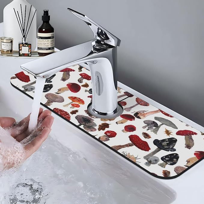 Faucet Draining Mat For Kitchen Sink, Red Mushroom Diatom Mud Absorbent Drain Pad For Bathroom Kitchen Sink Splash Guard Drying Mat
